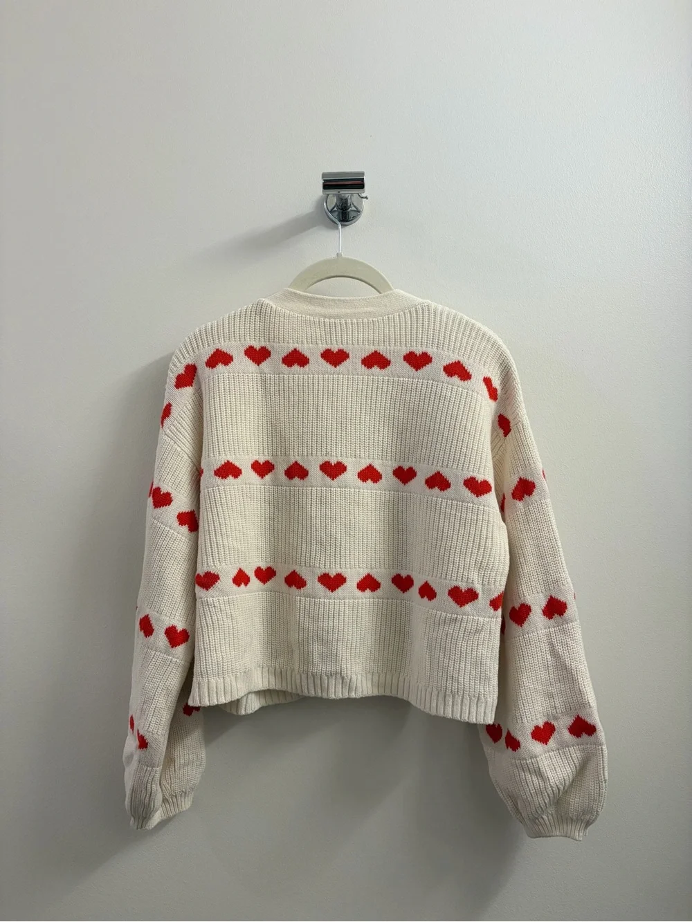 Old Navy Cream Open-Front Cardigan with Red Heart Accents